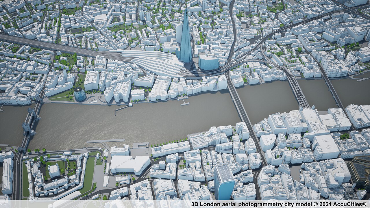 Photogrammetric 3D model of central London showing buildings, streets, bridges and the River Thames.