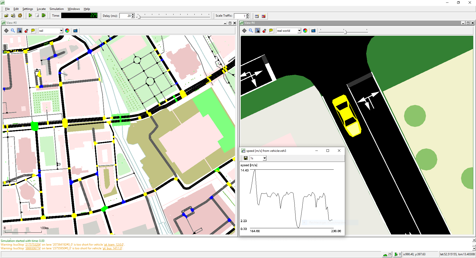 SUMO traffic simulation with a street network, a close view of an individual vehicle, and a graph of vehicle speed.
