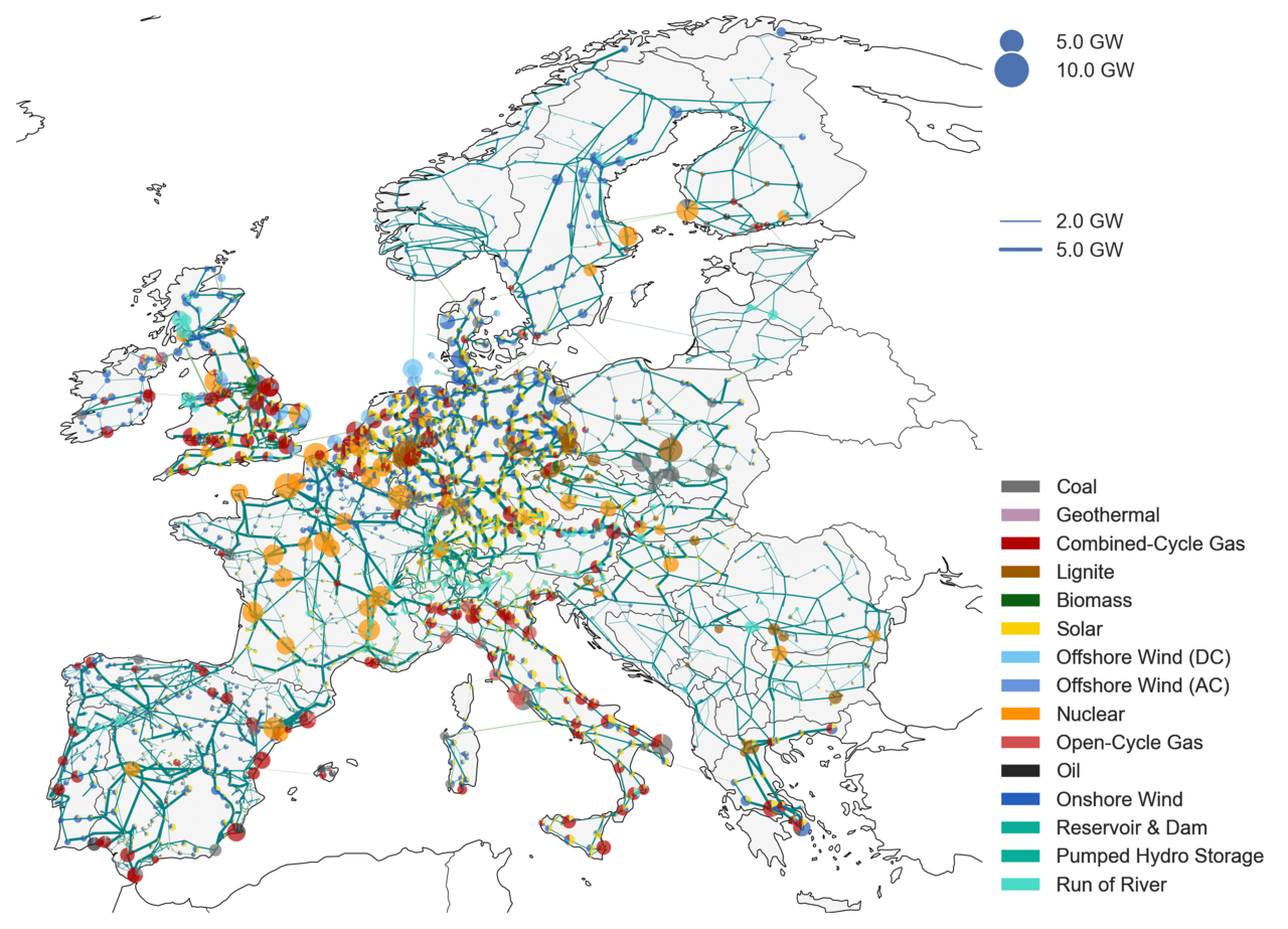 PyPSA-Eur map of European electricity networks with transmission lines and generation capacity by technology.